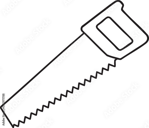 Simple Black and White Line Drawing of a Hand Saw with Handle and Serrated Blade for Cutting Wood