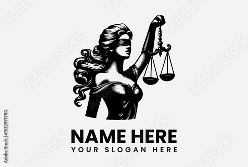 Dramatic Lady Justice silhouette logo with balanced scales and blindfold representing fairness and legal authority  