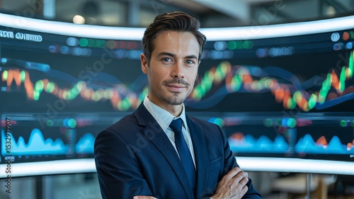 Confident businessman standing with arms crossed in front of trading screens  