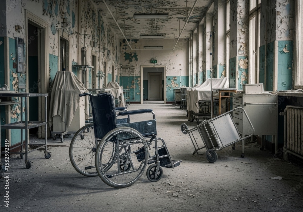 Obraz premium Abandoned Hospital Corridor - A haunting of an abandoned hospital corridor, with wheelchairs and medical carts left behind, dust and decay visible everywhere