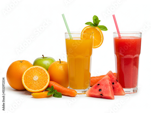 Colorful cocktails and fruit smoothies with fresh garnishes isolated on a white background — perfect PNG for summer parties, tropical drinks, and refreshing designs.