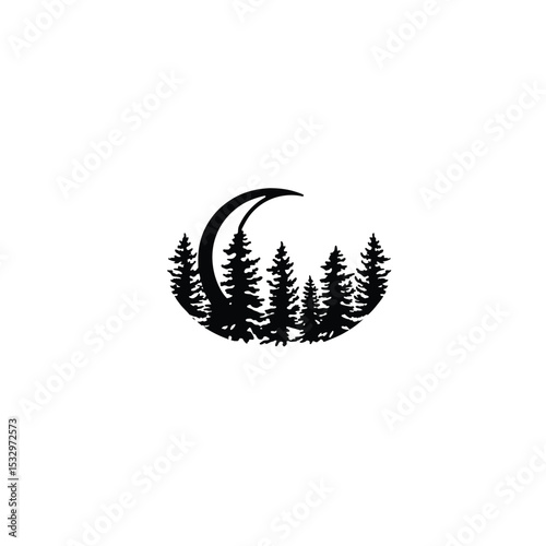 A crescent moon peeking through a forest silhouette on white background