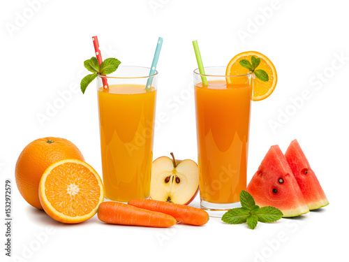 Colorful cocktails and fruit smoothies with fresh garnishes isolated on a white background — perfect PNG for summer parties, tropical drinks, and refreshing designs.