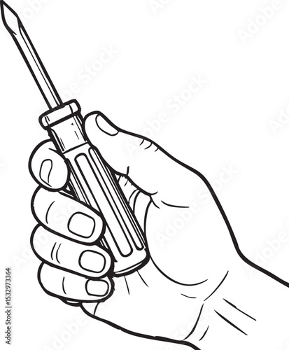 Hand Holding a Flathead Screwdriver Black and White Line Art Illustration for DIY Projects and Manual Labor Concepts