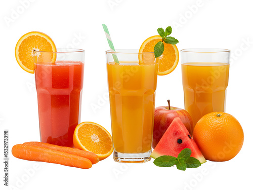 Colorful cocktails and fruit smoothies with fresh garnishes isolated on a white background — perfect PNG for summer parties, tropical drinks, and refreshing designs.