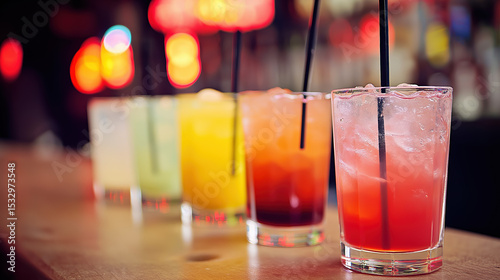 Colorful Cocktails on Bar Counter with Bokeh Lights – Vibrant Nightlife Scene for Party, Drink, and Hospitality Concepts