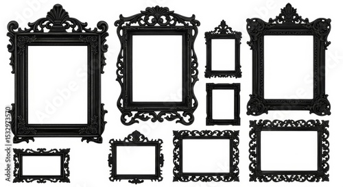 Ornate Black Picture Frames Collection - A set of elegant black picture frames in various sizes and ornate designs, perfect for adding a touch of classic to your photos