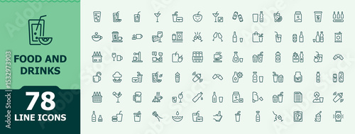 Food And Drinks vector icon set. Minimal icons set. Containing cook, fast, breakfast, beverage, food, drink. Pixel perfect. Editable vector. Cook icon set.