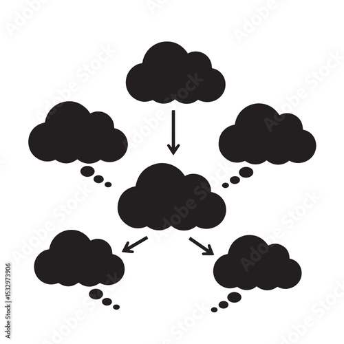 Conceptual cloud diagram illustrating ideas data flow and communication in black silhouette style