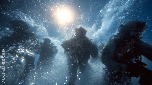 Combat divers disarm sea mine underwater with air bubbles