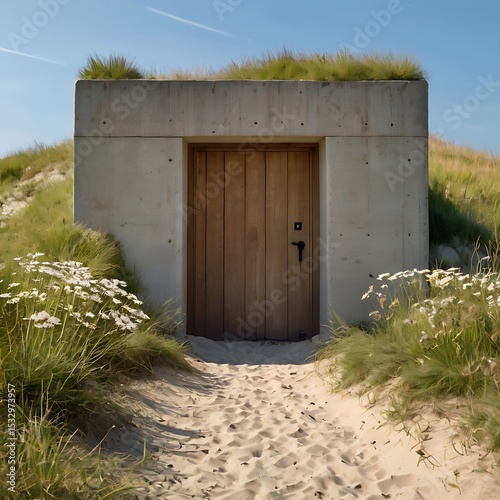 Hidden wartime structure, a concrete bunker nestled in coastal dunes. Wild rabbits near overgrown entrance.