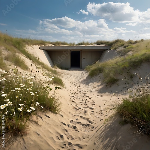 military bunker in sandy dunes, overgrown with grass and wildflowers. Nature reclaims war history. photo