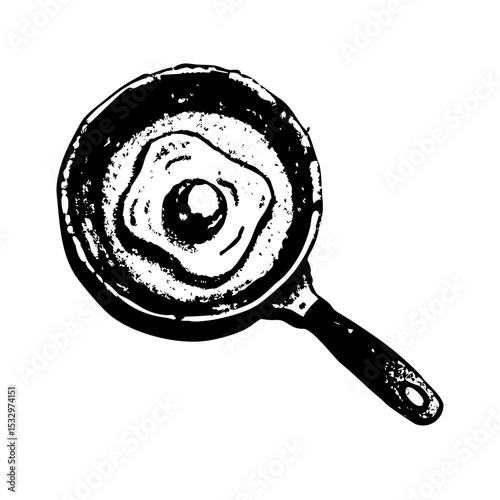 Hand-drawn fried egg in pan with stippled shading and retro grain illustration