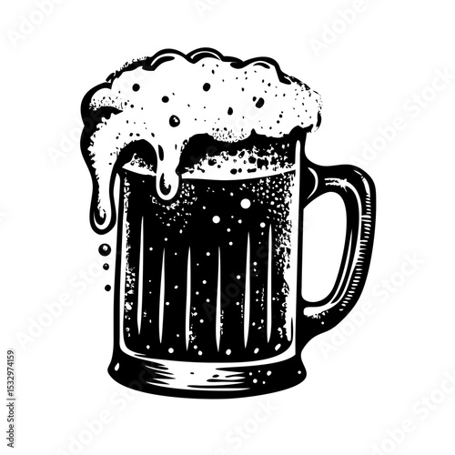 Vintage beer mug illustration with foamy top and retro stipple shading texture