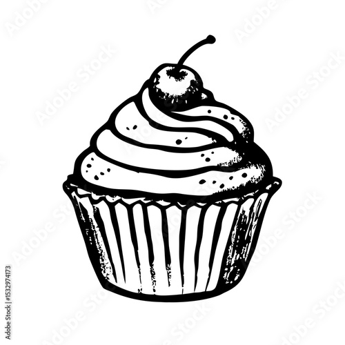 Retro cupcake drawing with swirled frosting and stippled hand-drawn shading