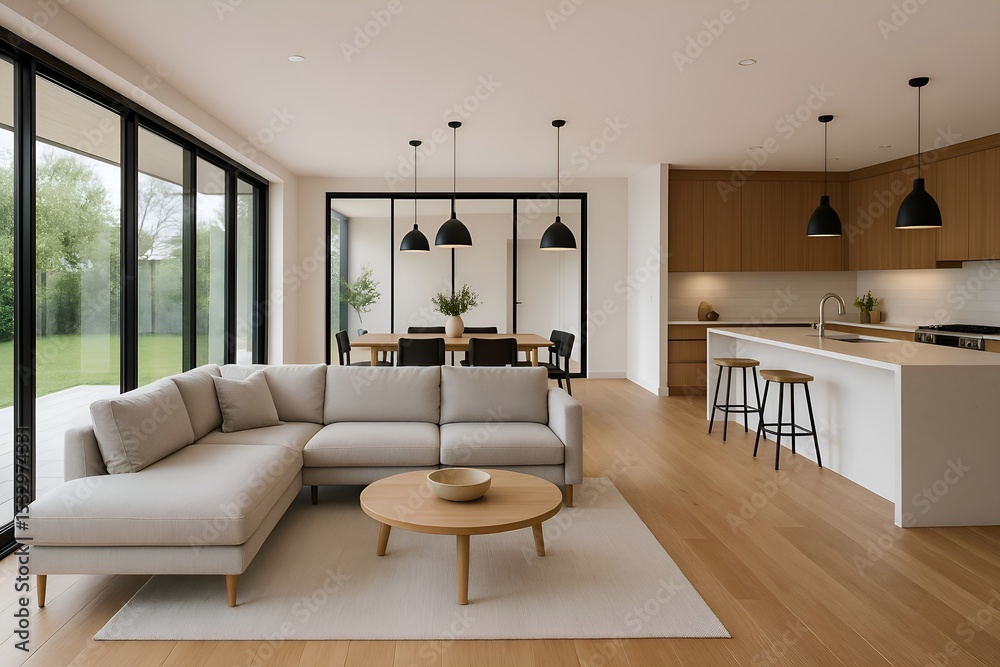 Fototapeta premium Spacious Open-Concept Living Room with Kitchen and Dining Area View