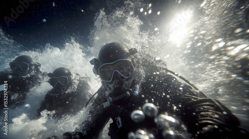 Underwater combat divers disarming a sea mine surrounded by bubbles