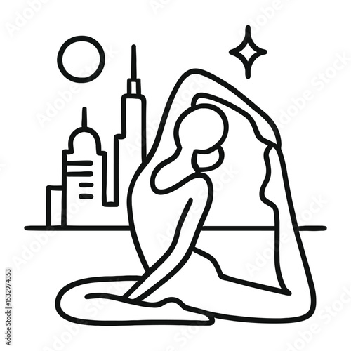 A continuous one-line drawing featuring a yoga pose silhouette in a retro futuristic cityscape style, created in simplif