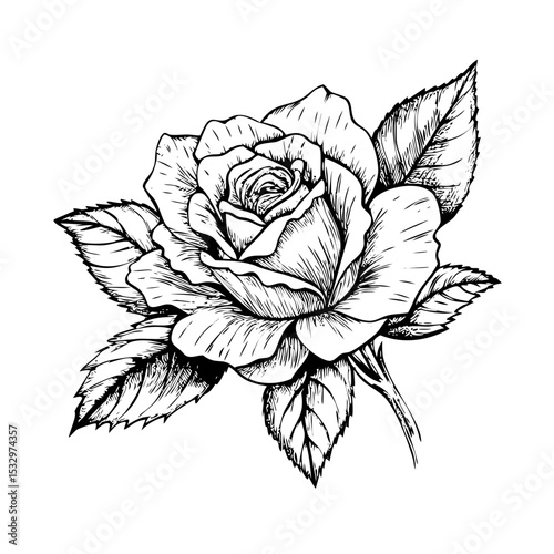 Hand-drawn rose flower with leaves in stipple and photocopy vintage style