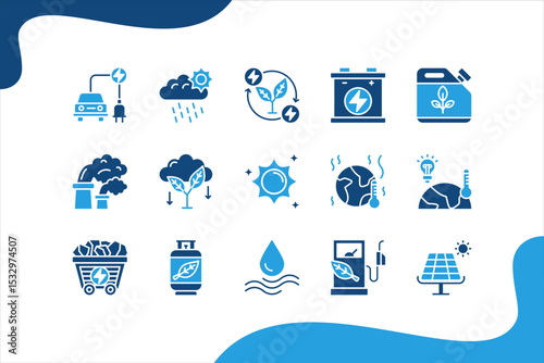 Renewable energy icon set with sunlight, wind, water, fossil fuel, oil, gas, coal, air pollution, solar and panel.