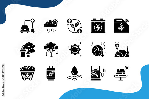 Renewable energy icon set with sunlight, wind, water, fossil fuel, oil, gas, coal, air pollution, solar and panel.