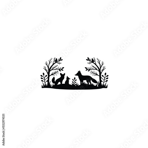 A family of foxes in a silhouette forest clearing on white background