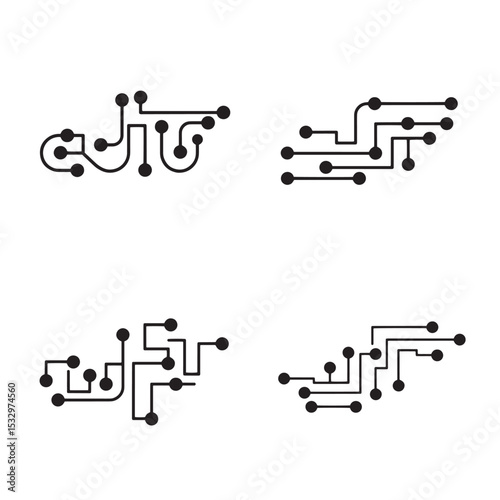 Four abstract circuit board designs in a simple black silhouette arrangement