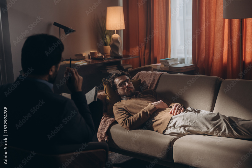 Obraz premium Man therapist holds pen while speaking to male patient during therapy session