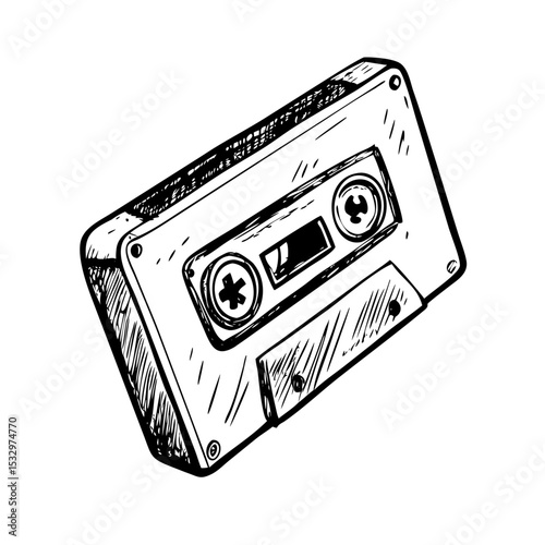 Retro cassette tape vector with stipple grain effect in vintage hand-drawn style