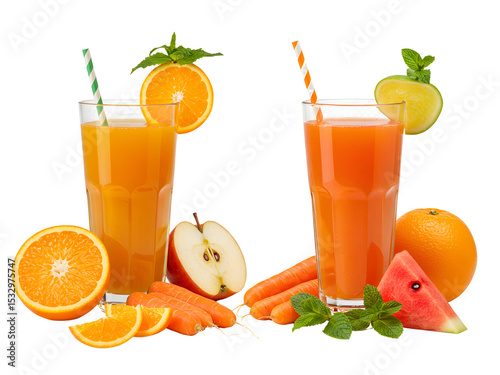 Colorful cocktails and fruit smoothies with fresh garnishes isolated on a white background — perfect PNG for summer parties, tropical drinks, and refreshing designs.