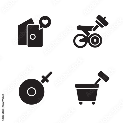 Set of four modern silhouette icons illustrating digital love transportation and business concepts