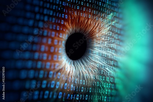 Close-up: digital eye with binary code overlay depicting technology and surveillance themes