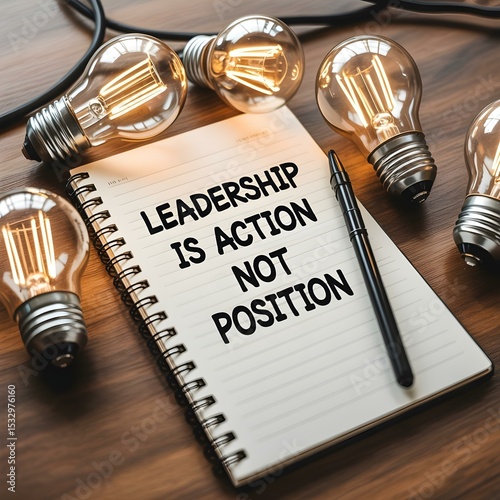 Leadership is Action, Not Position Inspiring Quote on a Notebook