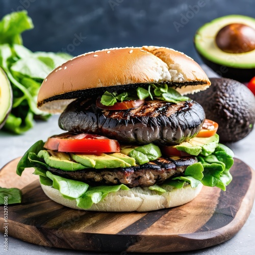 a close up of a gourmet burger with various toppings such as lettuce, tomato, and avocado. it is served on a bun with a sesame seed top