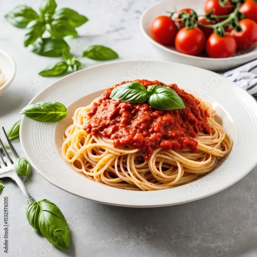 a plate of pasta topped with a red sauce. the pasta is garnished with basil leaves and appears to be in a tomato based sauce
