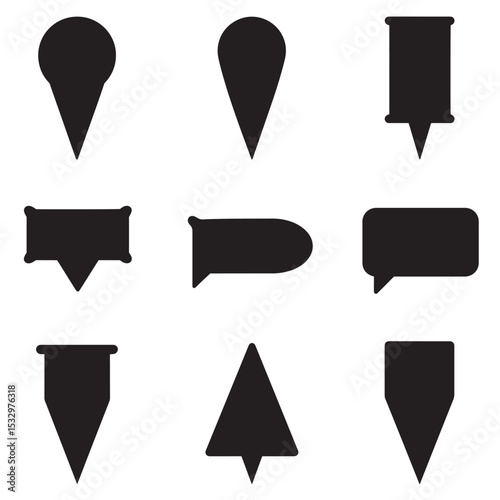 Set of nine black silhouette location pin markers and chat bubble icons for maps and navigation