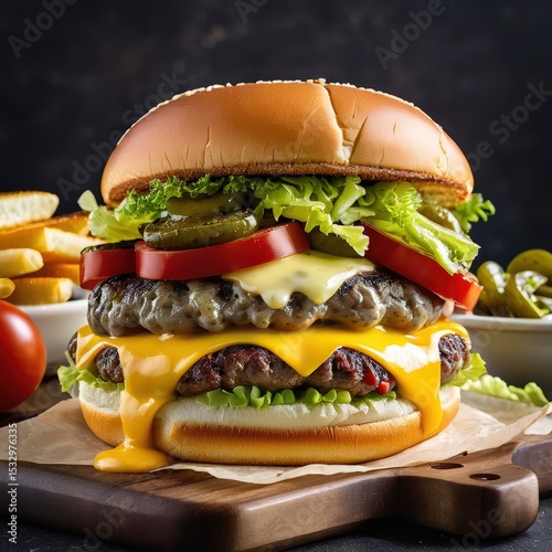 a large, appetizing burger with melted cheese on a sesame seed bun, topped with lettuce, tomato, pickles, and what appears to be meat patties, served alongside crinkle cut fries.