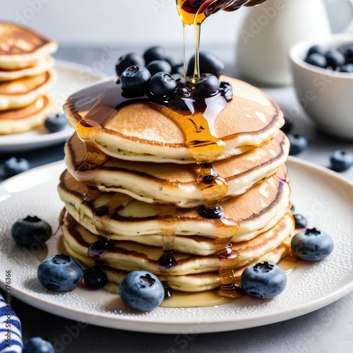 a plate with three blueberry pancakes generously drizzled with syrup and a side of blueberries. a bottle is partially visible to the right, suggesting it might contain more syrup