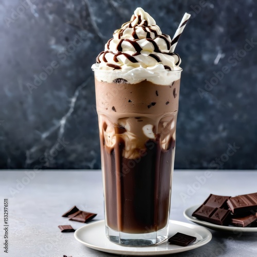 a delightful chocolate fudge sundae served in a clear glass with whipped cream topping. a spoon is inserted into the dessert, ready for indulgence.