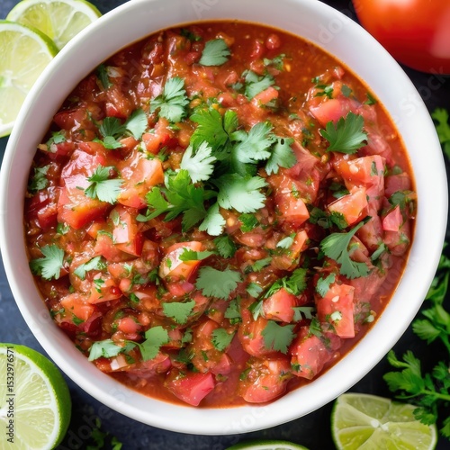 a large bowl filled with chunky red salsa, garnished with chopped cilantro and sliced red onions, resting on a black surface