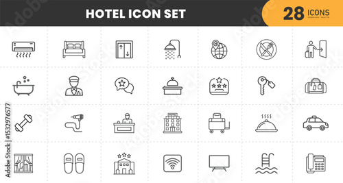  Hotel service icon set. Hospitality symbol, room, service, booking, facilities and more. Solid icons vector collection.
