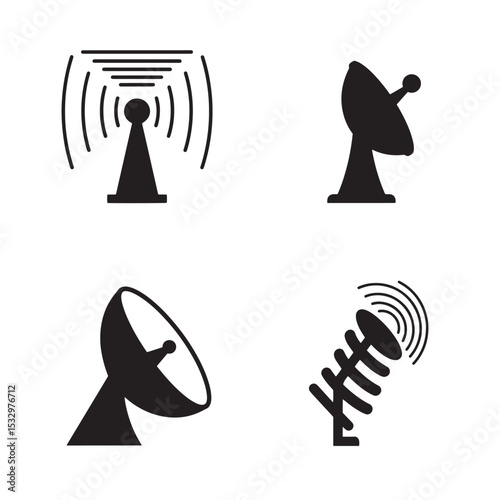 Set of vector silhouette antennas and satellite dishes for communication design