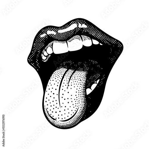 Open screaming lips vector art with stipple texture and photocopy grain, retro hand-drawn cartoon design