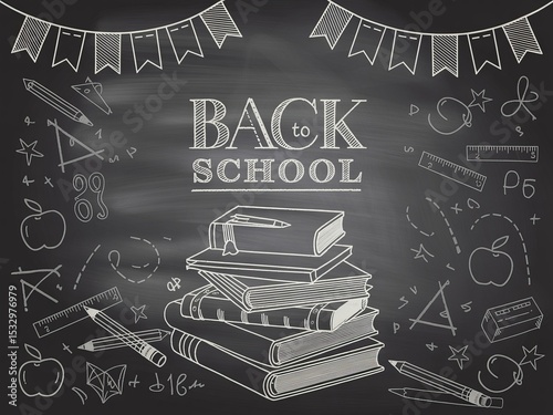 Back to school chalkboard design with stacked books and doodles  