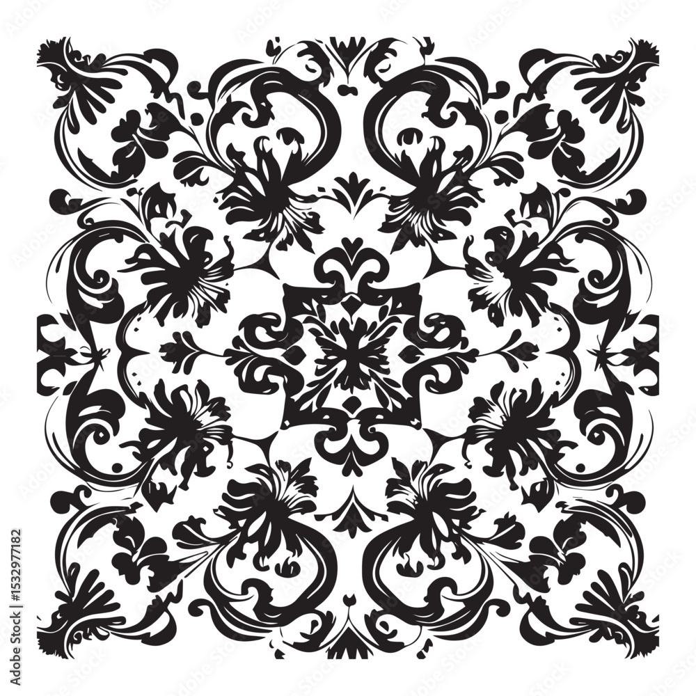Black and white ornate floral damask pattern