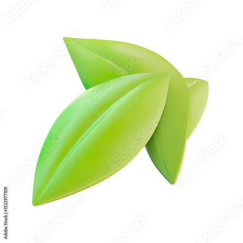 3D Three Green Leaves Isolated on White on a Transparent Background