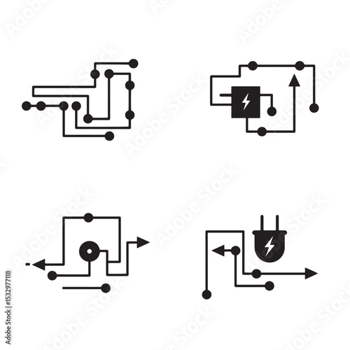 Simple silhouette vector illustrations of circuitry, electrical components and technology concepts