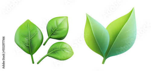 3D Three Green Leaves Isolated on White on a Transparent Background