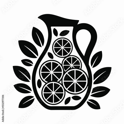Silhouette Vector of Lemonade Pitcher with Citrus Slices and Leaves
