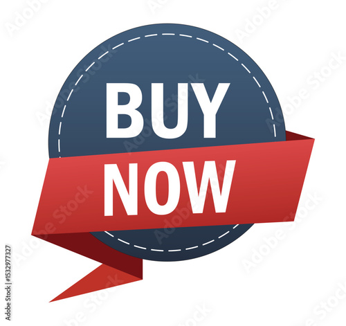 Buy now label on a blue circle with a red ribbon, ideal for e-commerce calls to action, sales, and online shopping promotions